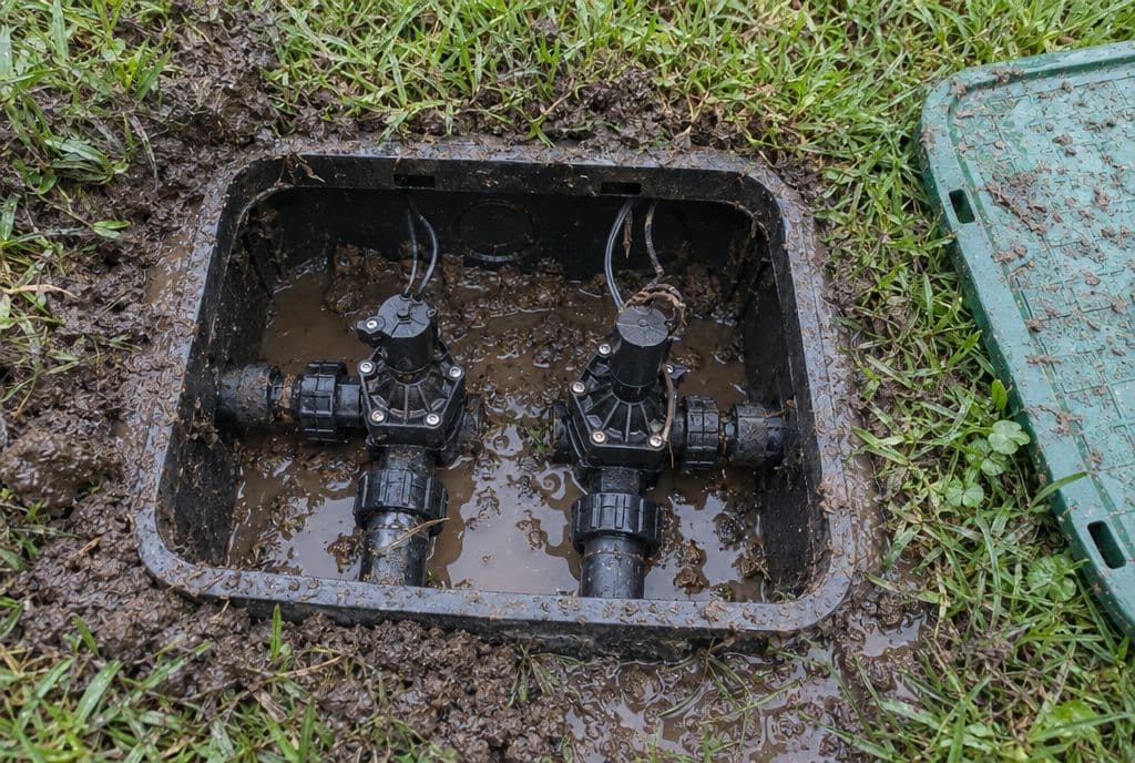 Arqueta de riego abierta en el césped con dos electroválvulas en agua embarrada