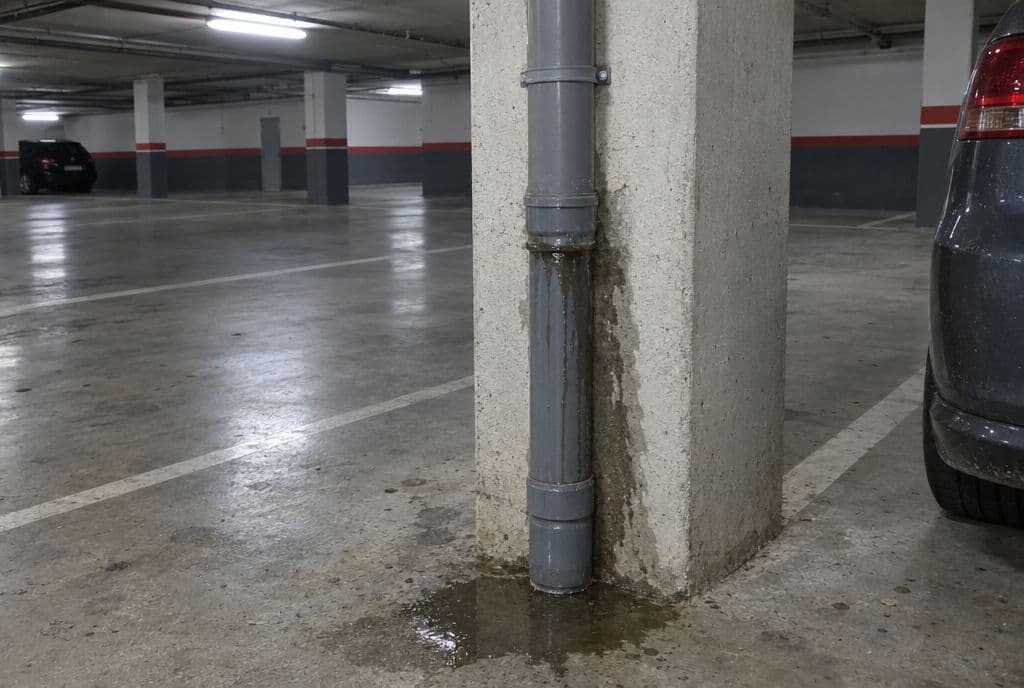 Bajante comunitaria de PVC con una mancha de agua y un charco en el garaje de un edificio