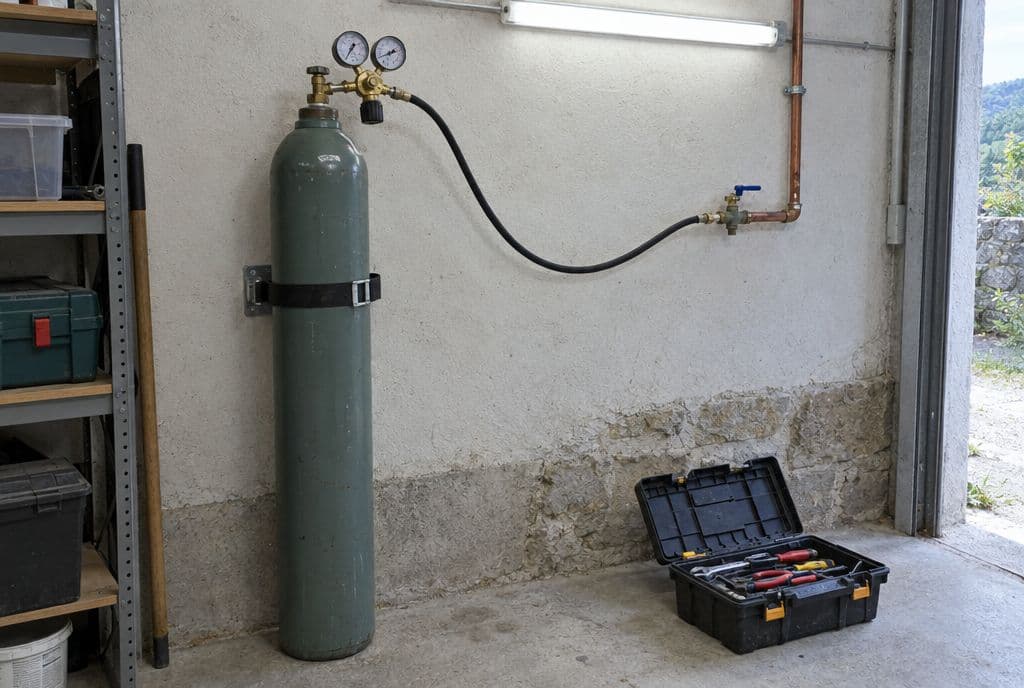 Botella industrial de gas trazador con regulador conectada a la tubería de agua en un garaje