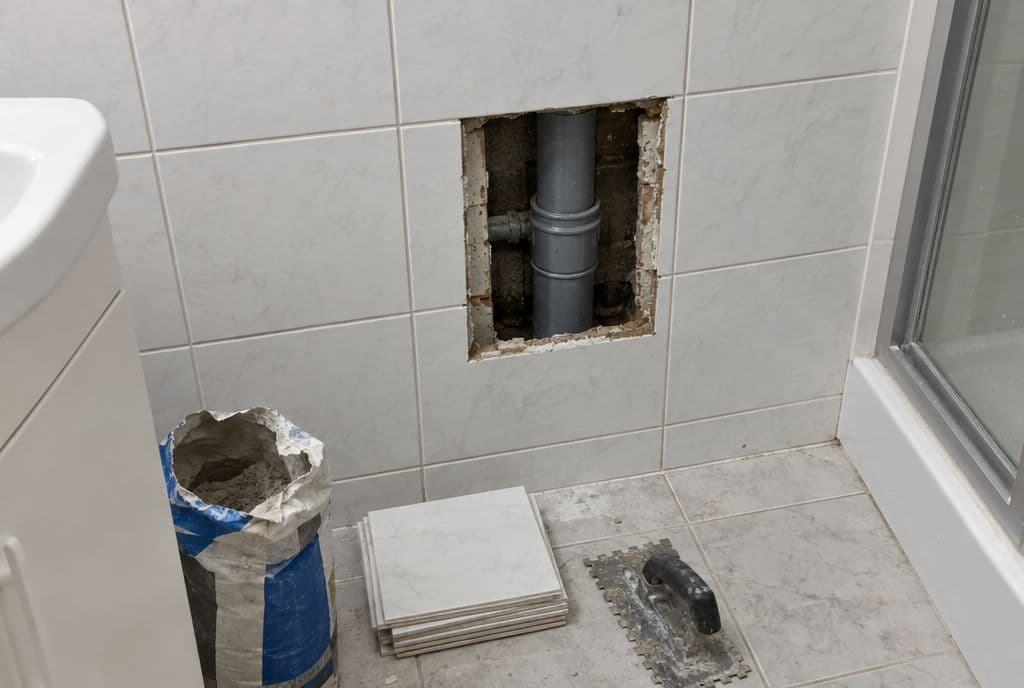 Hueco pequeño en el alicatado de un baño con la tubería reparada y azulejos de repuesto al lado