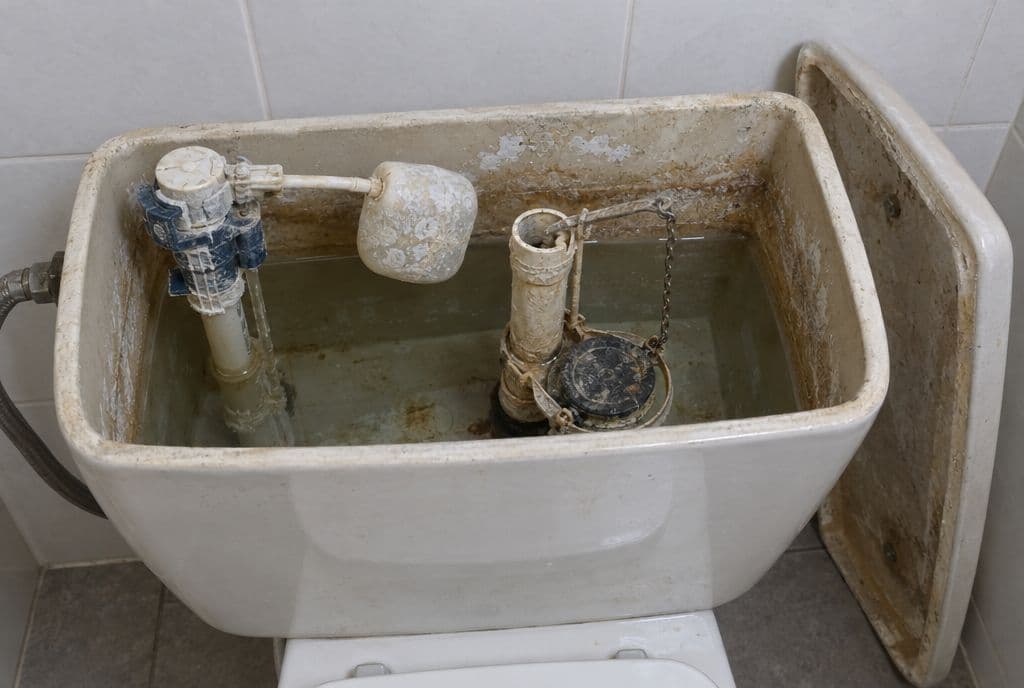 Cisterna antigua abierta con el grifo de flotador y la válvula de descarga llenos de cal
