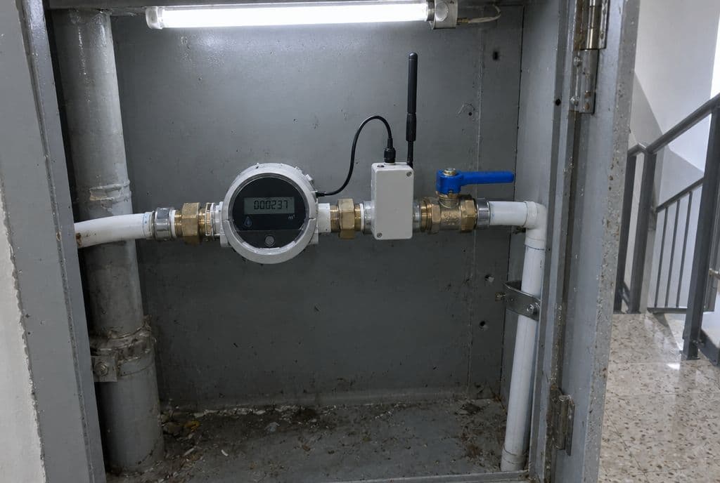 Contador de agua digital con módulo de radio en el armario de la escalera