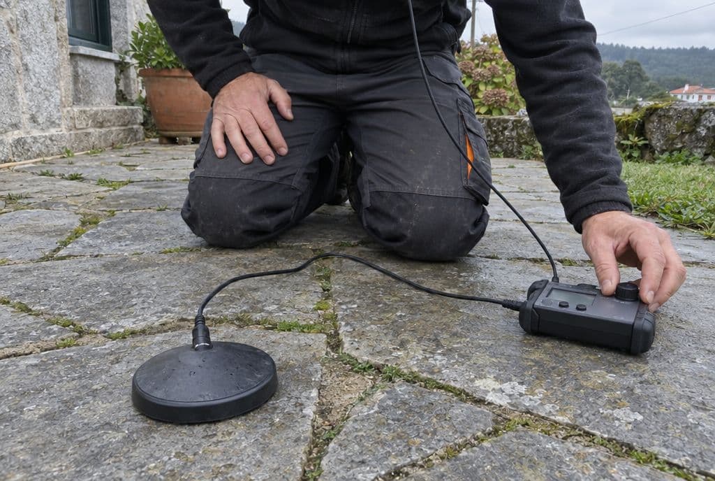 Técnico escuchando con auriculares un geófono apoyado en el enlosado de piedra de un patio