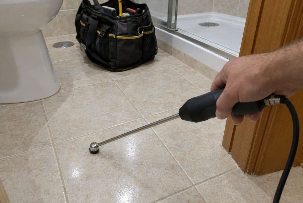 Sonda de contacto de un detector acústico apoyada en el suelo de baldosa de un baño