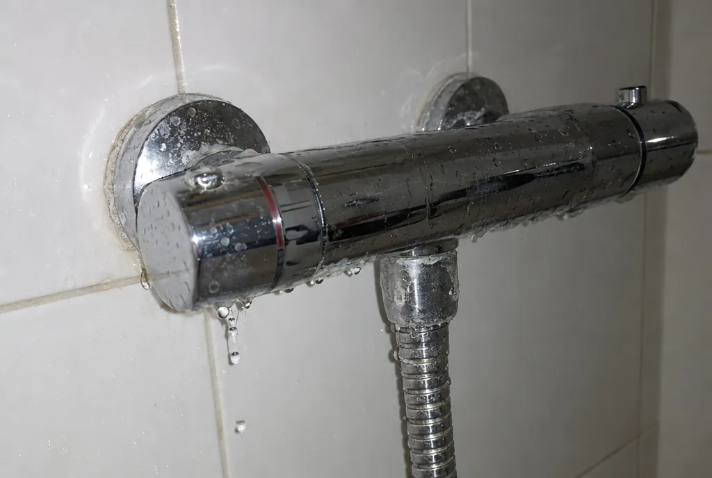 Grifo termostático cromado de ducha sobre azulejos blancos con gotas cayendo desde la base del cuerpo y el flexo metálico debajo