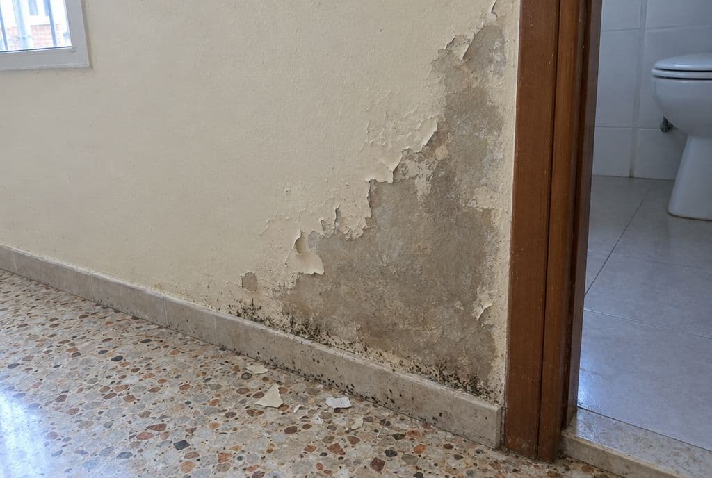 Pared junto a la puerta del baño con humedad subiendo desde el rodapié, pintura desconchada y moho