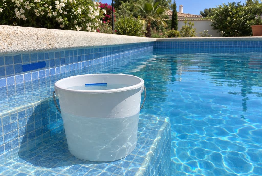Cubo con agua de la piscina apoyado en el primer escalón, con cinta marcando el nivel dentro y fuera