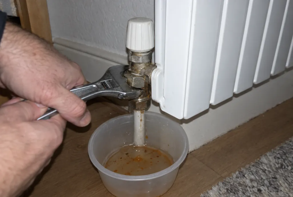 Manos apretando con una llave inglesa la tuerca de la válvula de un radiador blanco, con un cuenco recogiendo agua con óxido