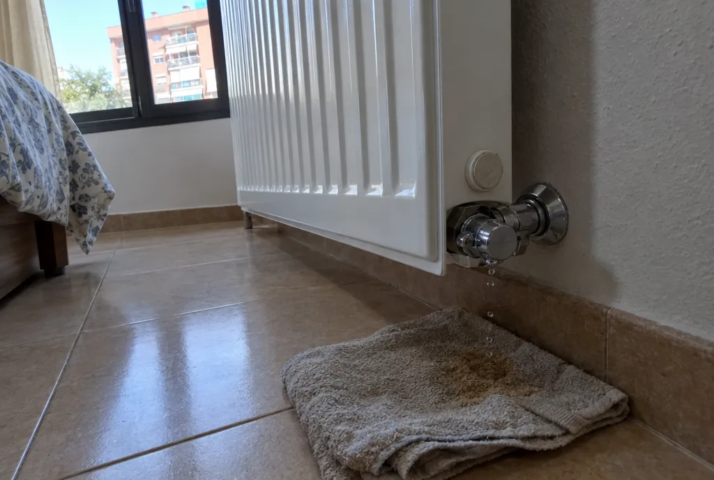 Radiador de chapa blanco con la llave de la esquina inferior goteando sobre una toalla doblada en el suelo
