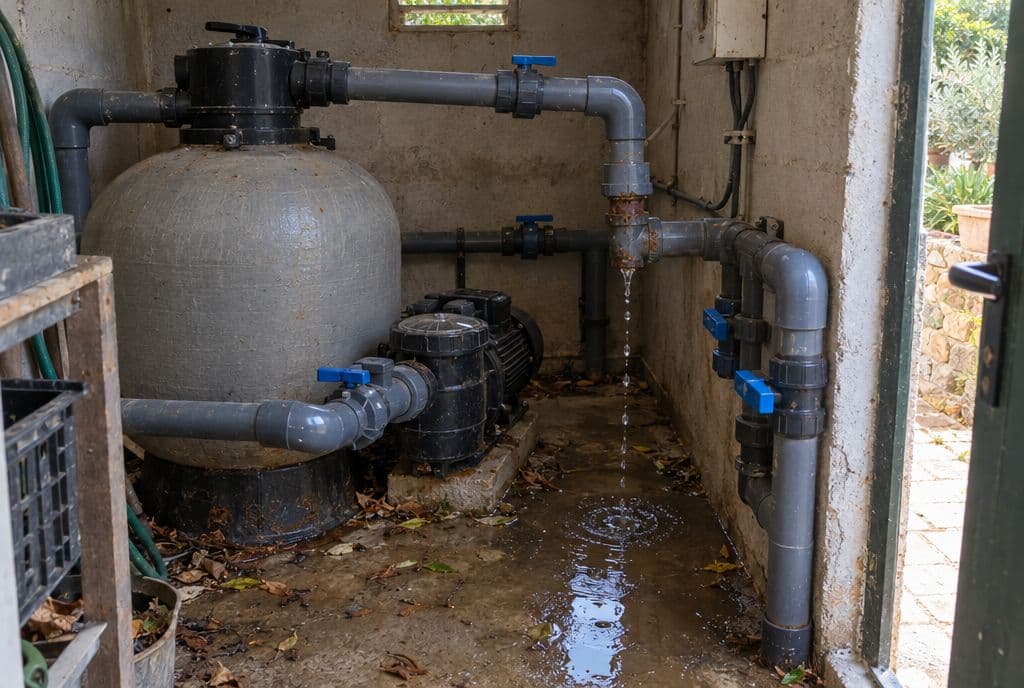 Sala de máquinas de una piscina con el filtro, la bomba y agua goteando de una unión de PVC