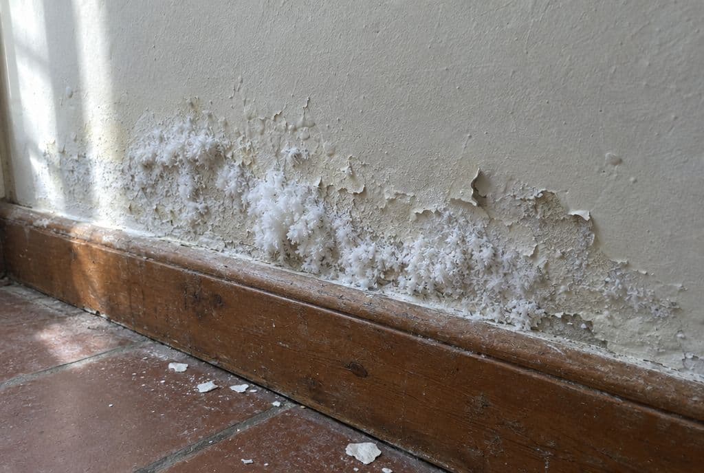 Salitre blanco y pintura desconchada en la parte baja de una pared sobre el rodapié