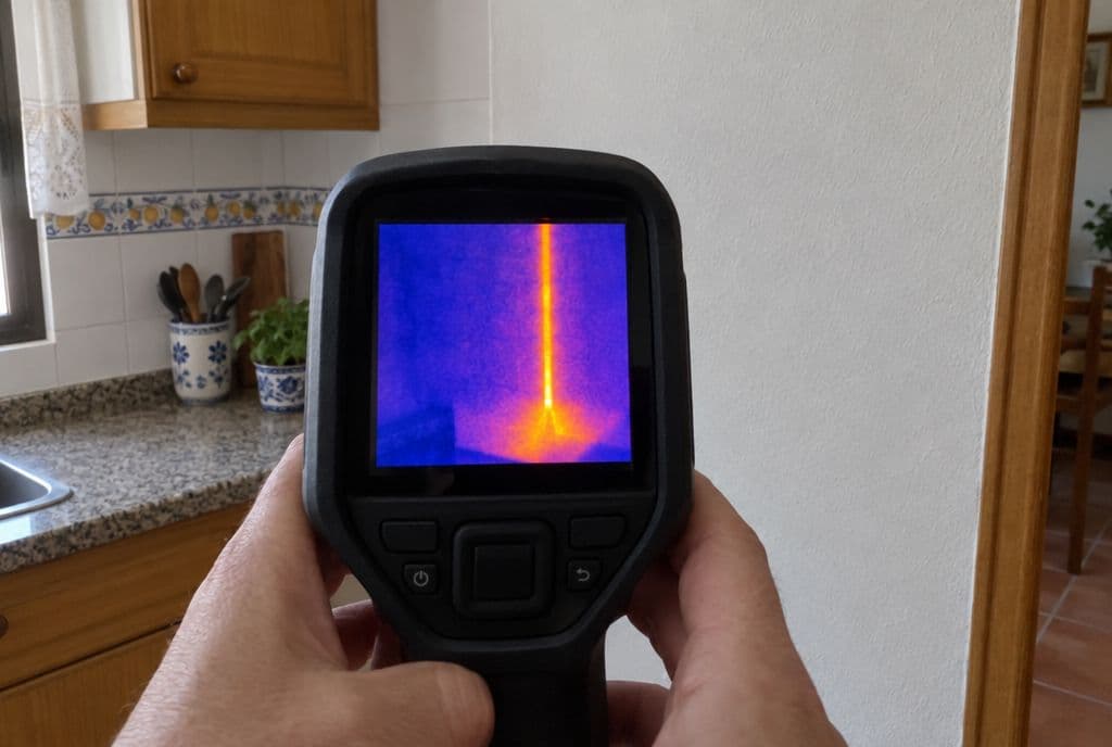 Cámara termográfica mostrando la línea caliente de una tubería de agua caliente dentro de una pared de cocina