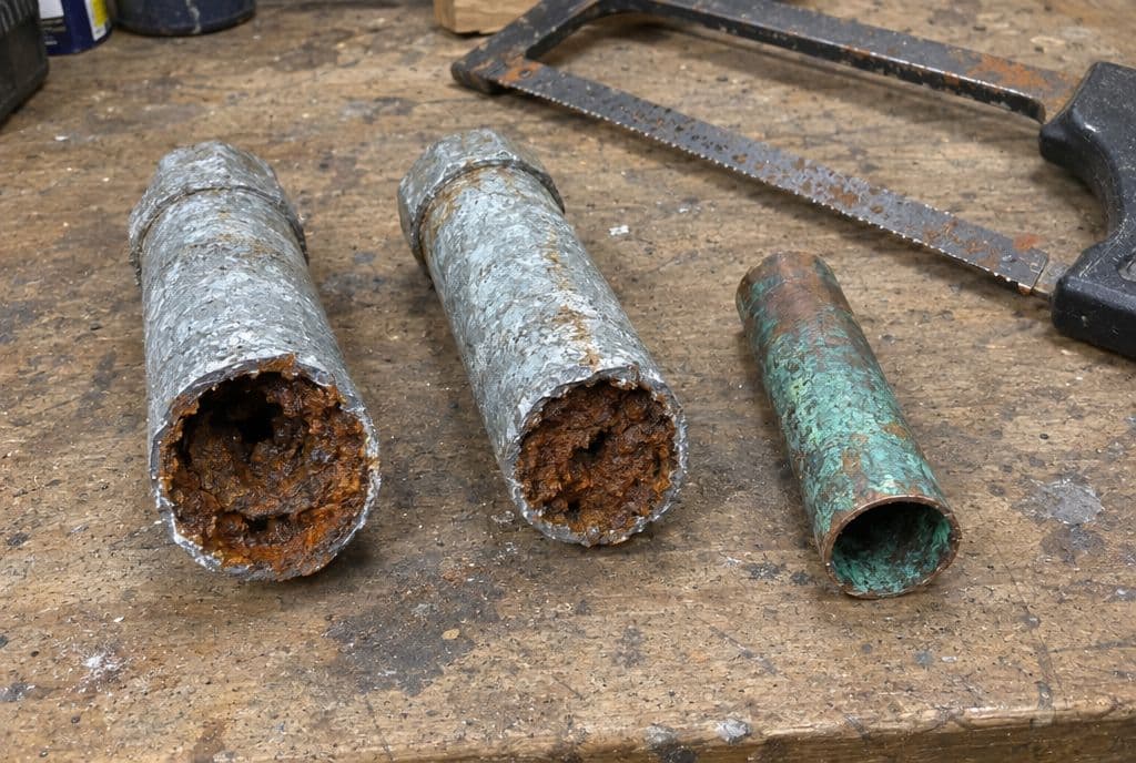 Trozos de tubería galvanizada casi obstruidos por óxido junto a un trozo de cobre con pátina verde