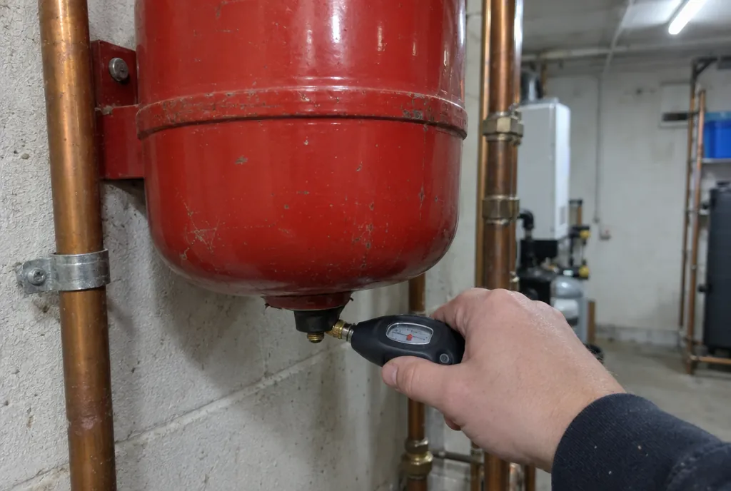 Mano comprobando con un manómetro de mano la presión de aire en la válvula de un vaso de expansión rojo junto a tubos de cobre