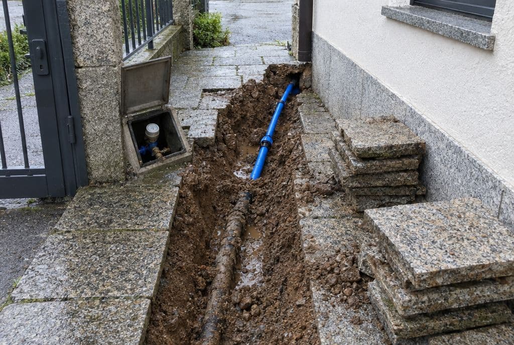 Zanja abierta entre el contador de la entrada y la casa con un tramo nuevo de tubería azul